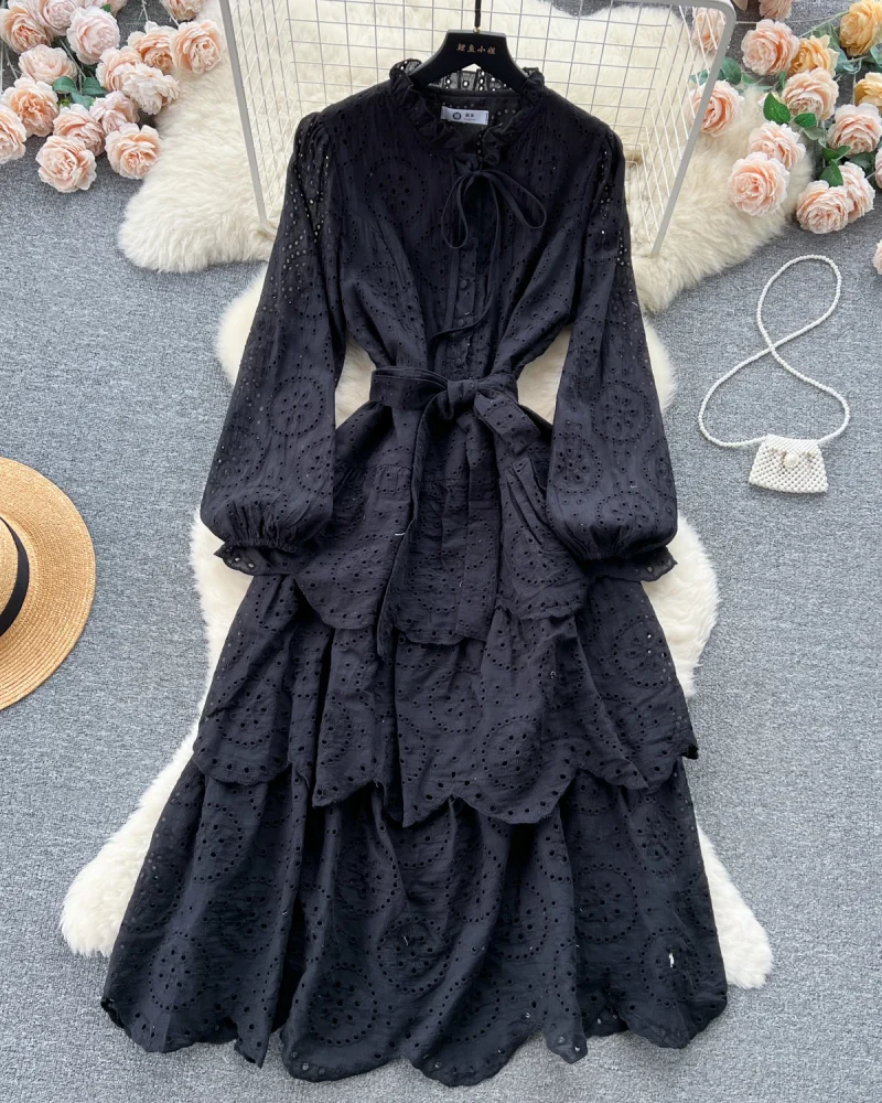 Fashion Maxi Dresses for Women O-neck Ruffles Lace-up Hollow Out Female