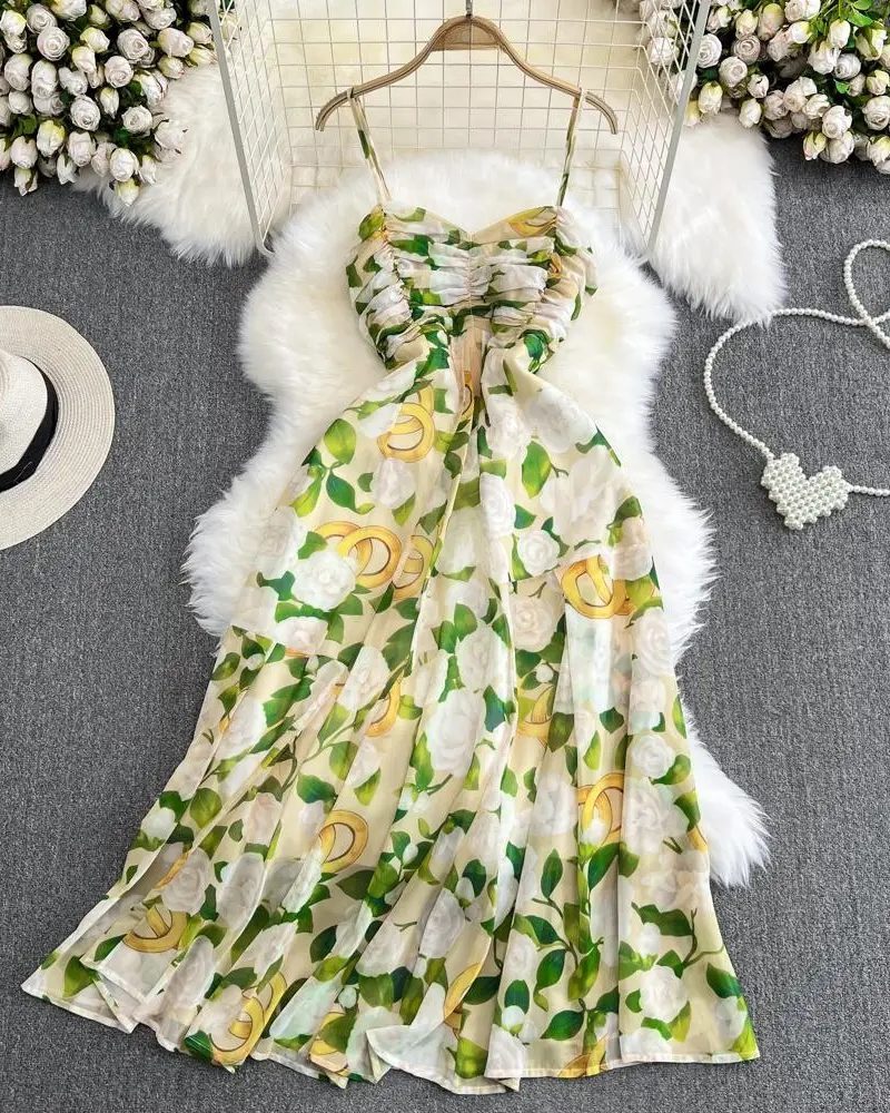 Floral Elegance Chiffon Maxi Sleeveless V-Neck Spaghetti Strap for Evening Parties