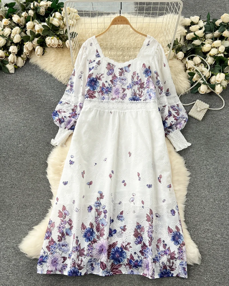 Floral Embroidery Lace Patchwork Oversize Long Dresses Square Collar