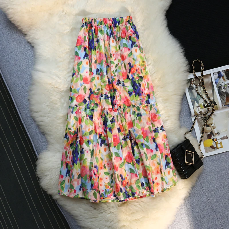 Floral Print A Line Beach Midi Skirts Female Streetwear
