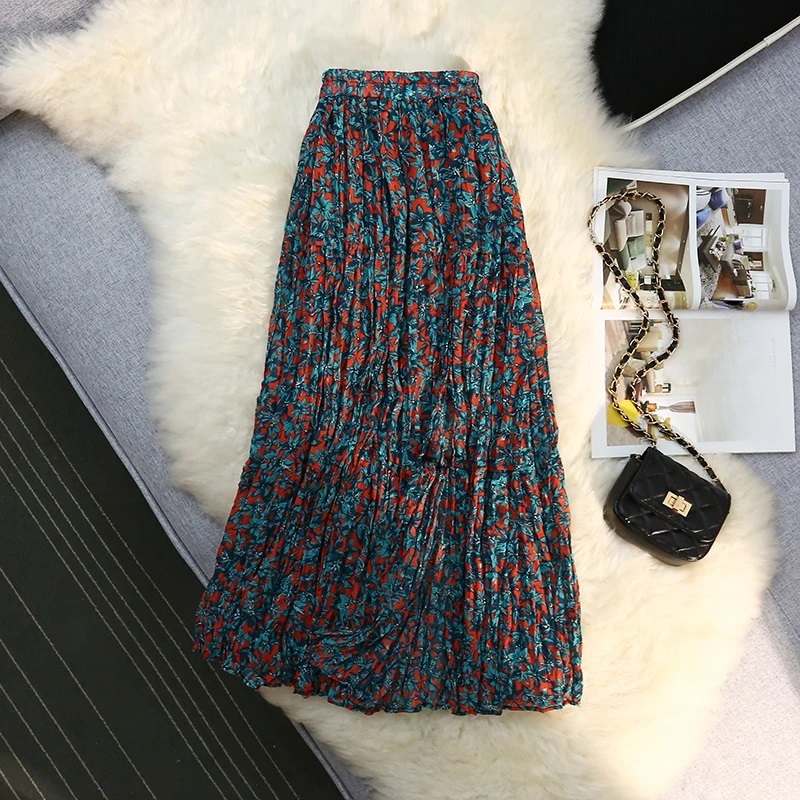 Floral Print Skirt Split Pleated  A-line Plisse Skirts
