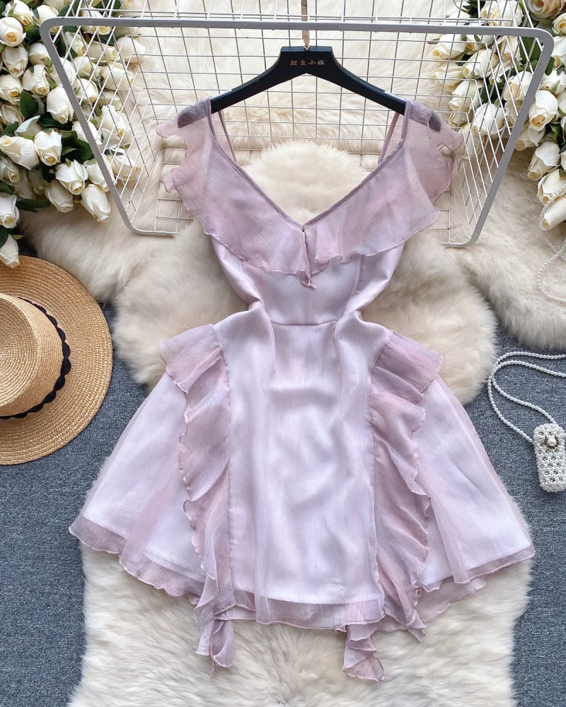 Flying Sleeve Ruffles Patchwork Chic Elegant Mini Dress Women