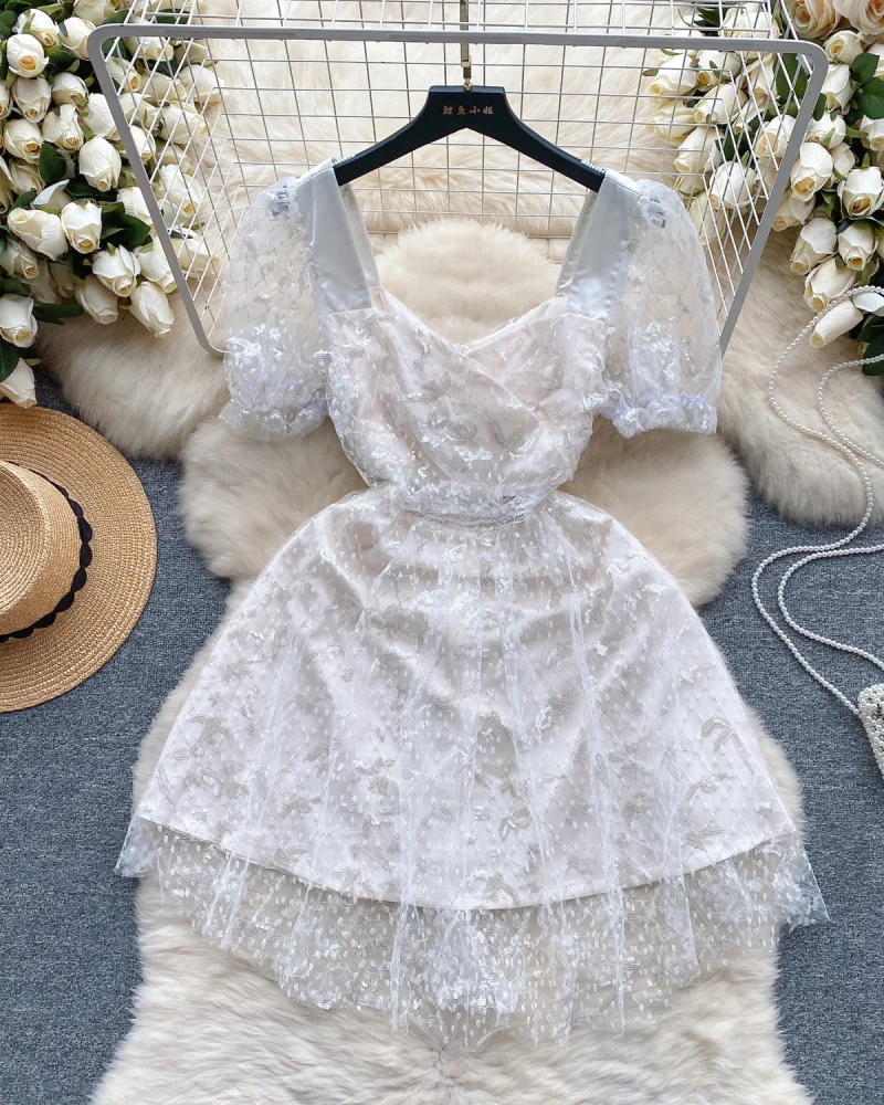 Frenchic Mesh Dress Women Sequined Square Collar Puff Sleeve