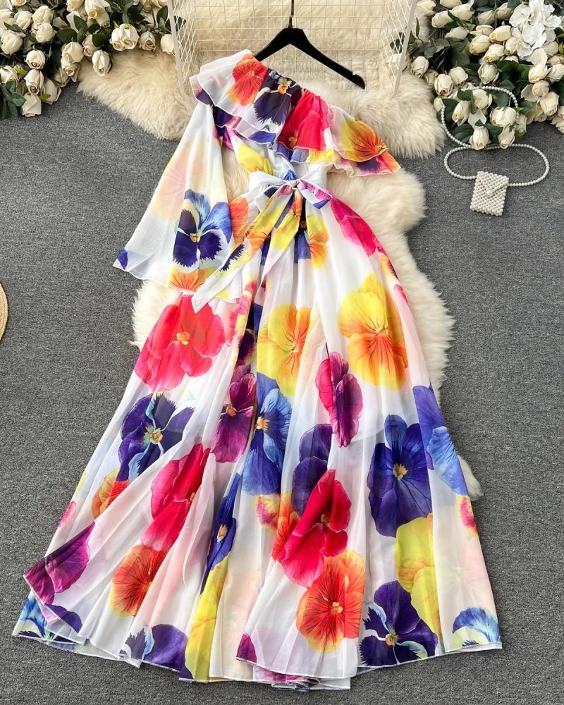 Graceful Ruffled Shoulder Boho Maxi Dress with Elasticated Waist