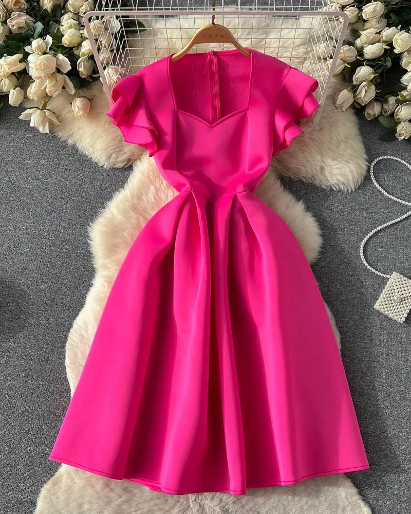Korean Fashion Women Square Collar Flying Sleeve Female Dresses