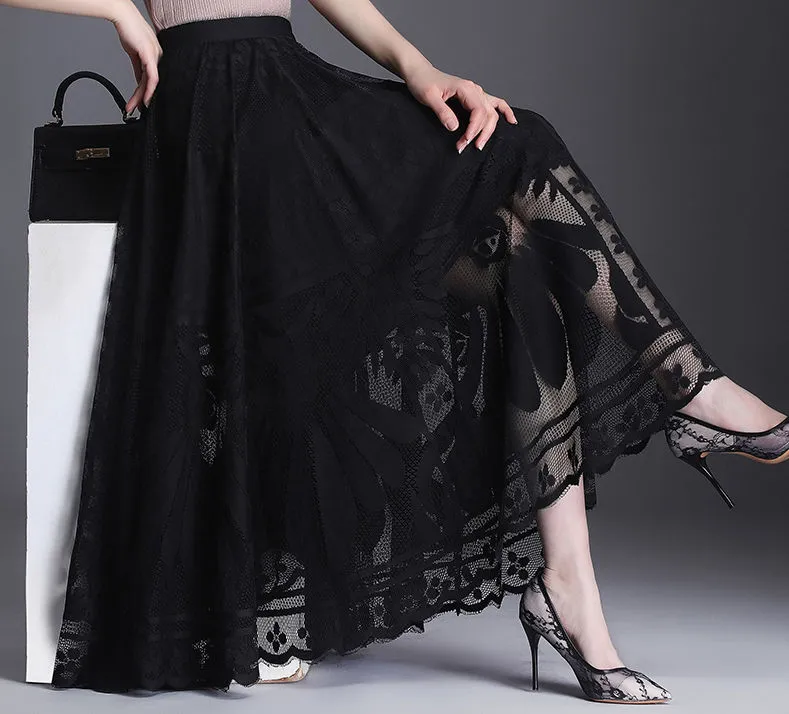 Lace Skirt A-word Long Skirt Big Swing Gauze Hollow Pleated Skirt