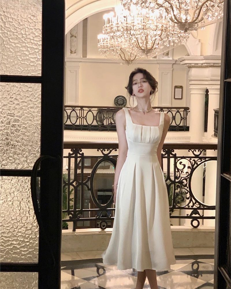 Mid-Length A-line Elegant French Slim Waist Satin Dress Vestidos