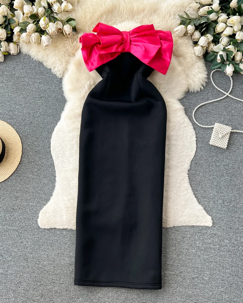 Party Dresses for Women Bow Patchwork Femme Strapless Ladies Sheath