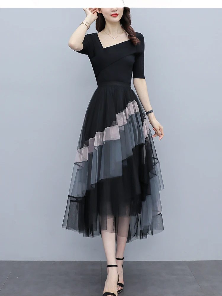 Patchwork Tulle Elegant High Street Mesh Pleated Midi Skirt