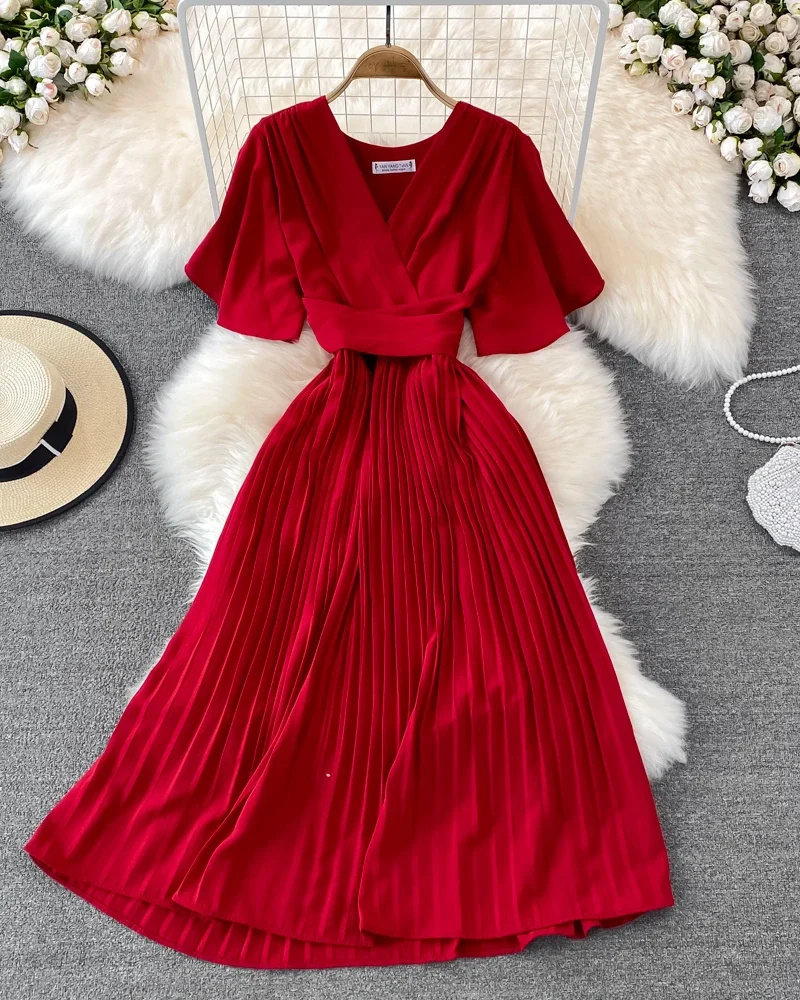 Pleated Summer Dress for Women A-line Short Sleeve Ladies Elegant Maxi Dresses