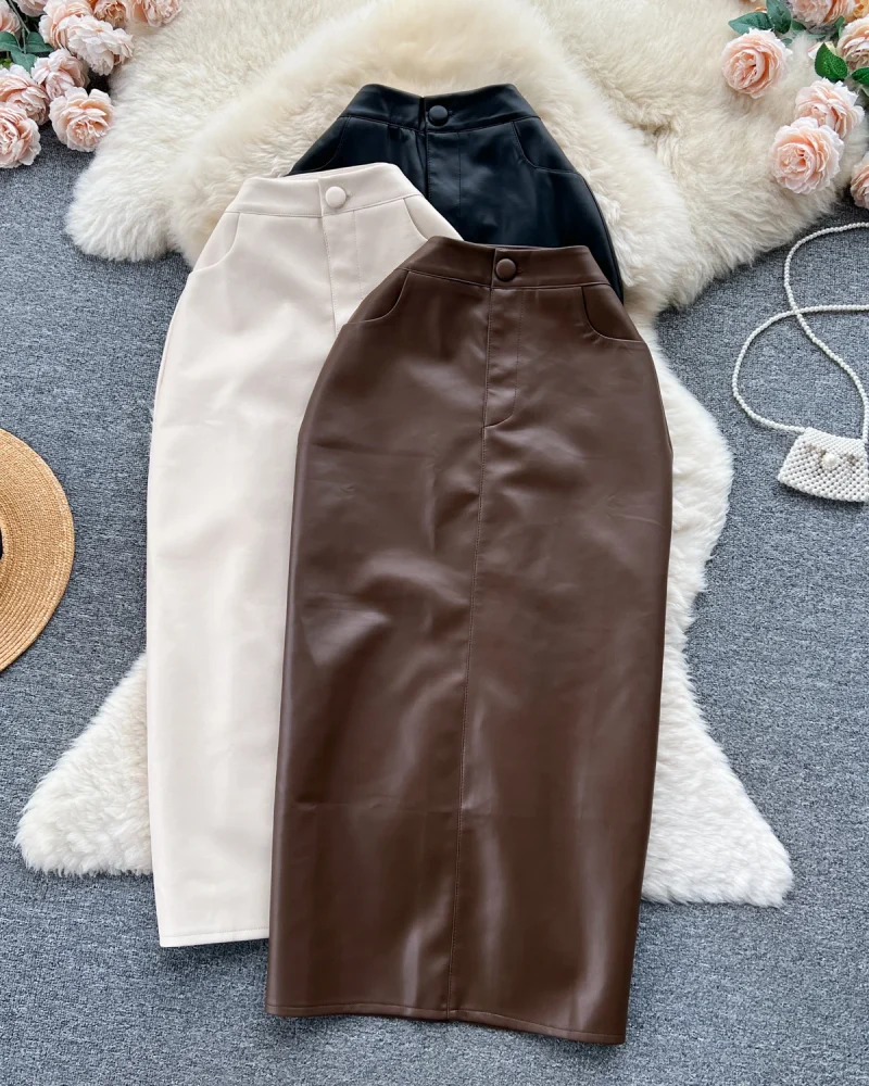 Pu Leather Retro Elegant Ladies Chic A-line Split Popular Midi Skirt