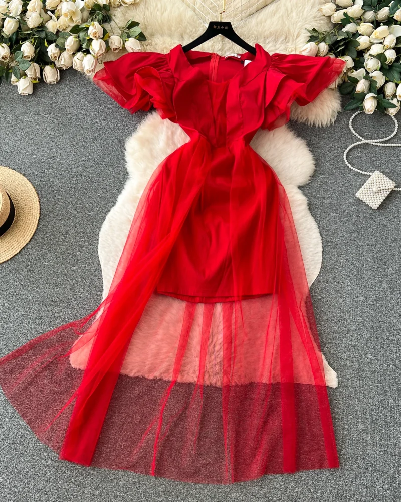 Red Evening Dresses Ruffles Flying Sleeve Mesh Patchwork O-neck Female