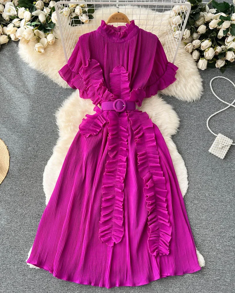 Ruffles Collar Belted Dresses Butterfly Sleeve Empire Summer Dress