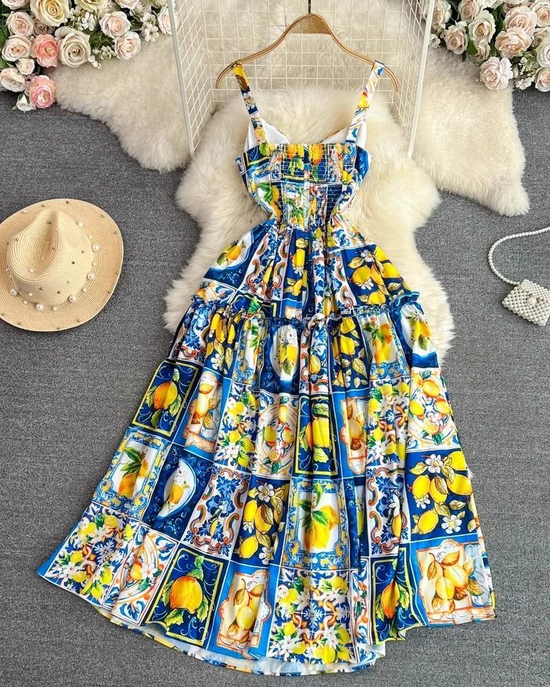 Sophisticated Backless Zipper Beach Dress Print, Summer-Friendly