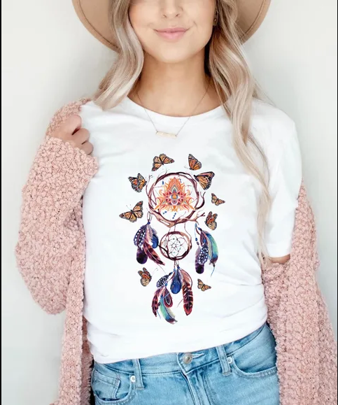 Sophisticated Summer Fashion – O-Neck Watercolor Butterfly T-Shirt for Ladies