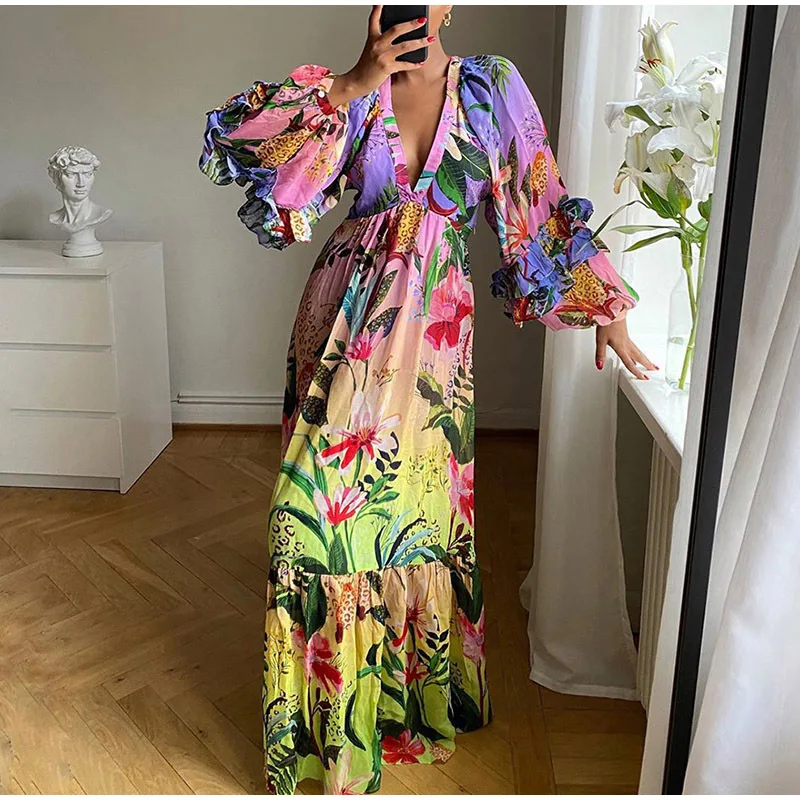 Stunning Lantern Sleeve V-Neck Maxi Dress Elegant Printed Long Dress