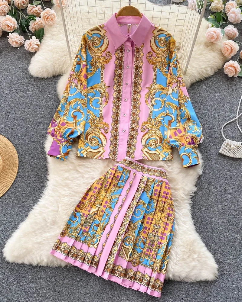 Elegant Skirts Puff Sleeve White Shirt Top+Flower Print Belt Skirts 2 Piece Set