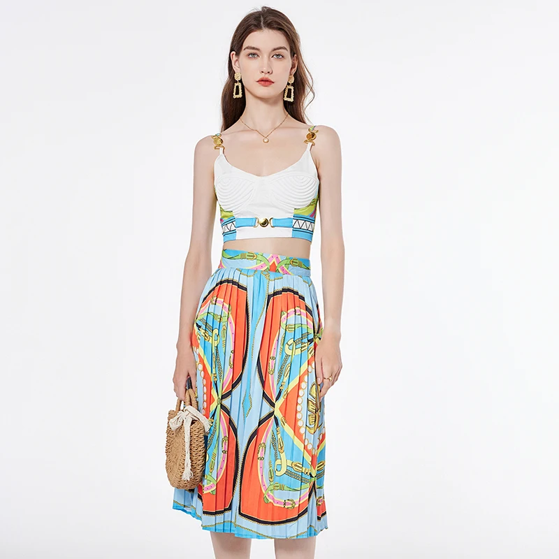 Baroque Chain Two Piece Set Embroidery Bra Spaghetti Strap Crop Top