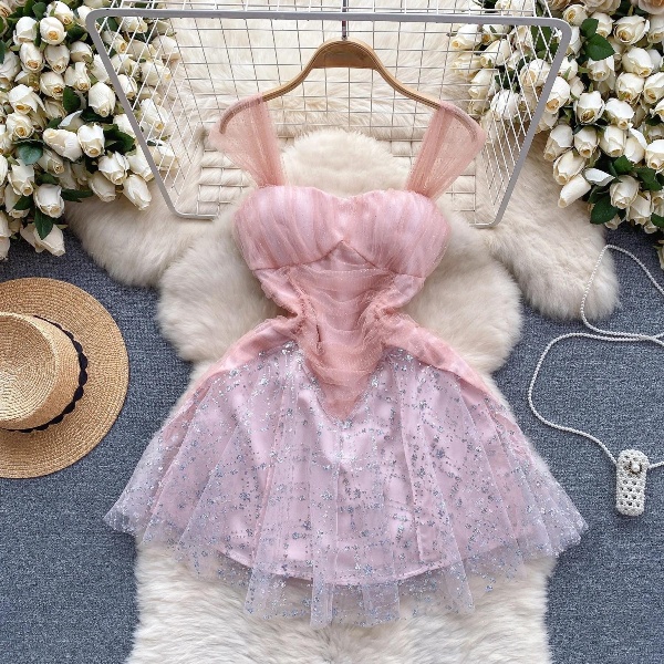 Sweet Puffy Dress Women Lace Mesh Patchwork Spaghetti Strap Female Elegant Dresses