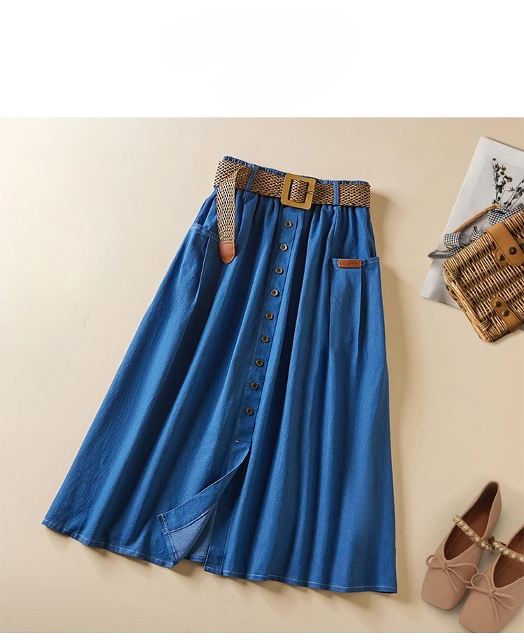 Timeless Denim Skirt A-Line Knee-Length with Lace-Up Belt for All-Seasons Fashion
