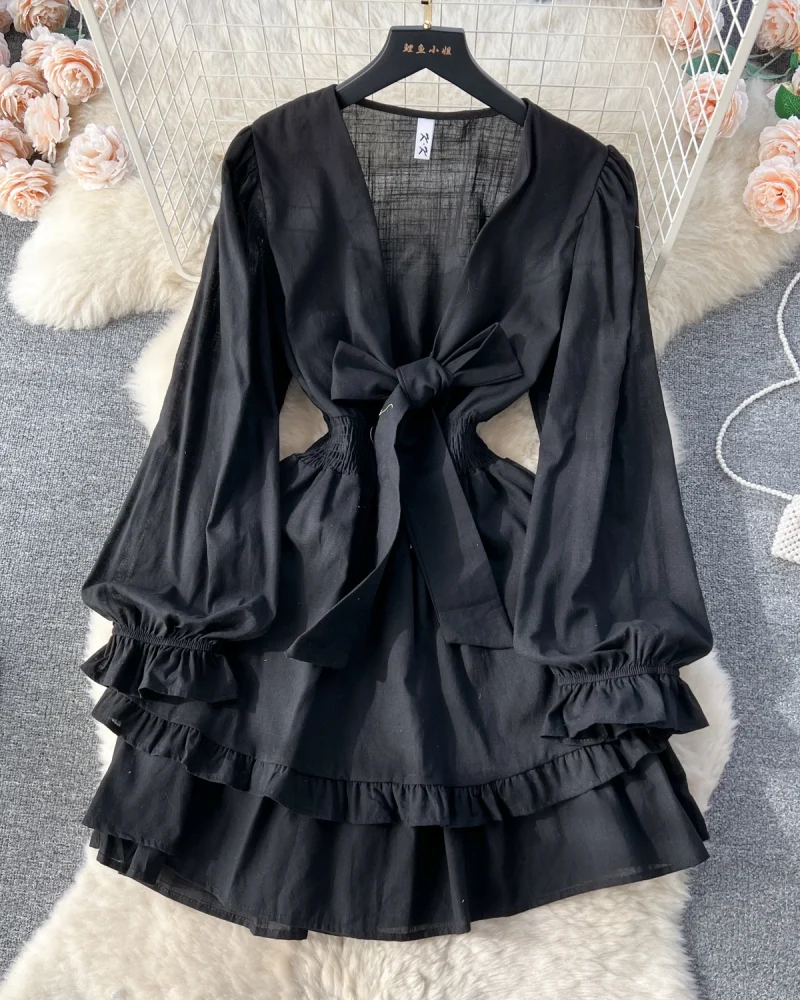 V-neck Lantern Sleeve Lace-up Ruffles Patchwork Female Knee-length Cake Dresses