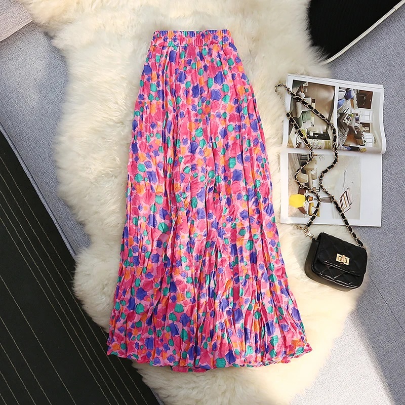 Vintage Floral Print Pleated A-line Fashion Plisse Skirts Elegant