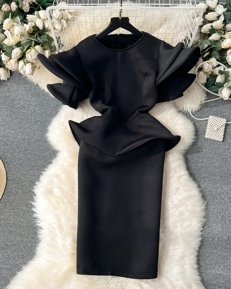 Women Elegant Dresses O-neck Flying Sleeve Robe Femme Ruffled