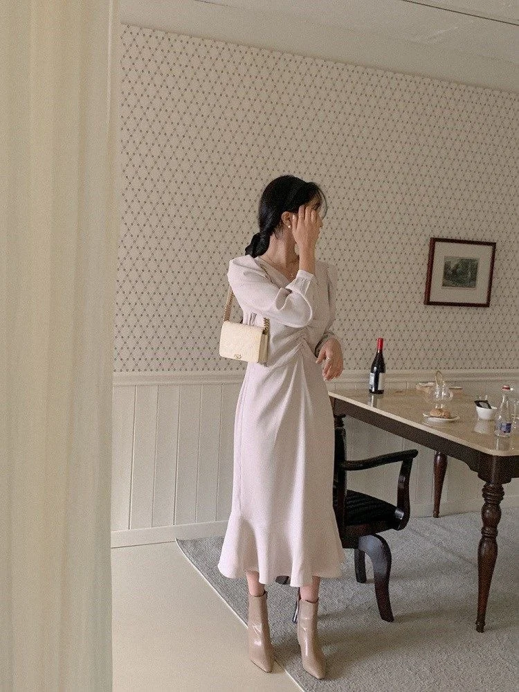 Women Long Sleeve V-neck Lace-up Female Dress Ladies Folds