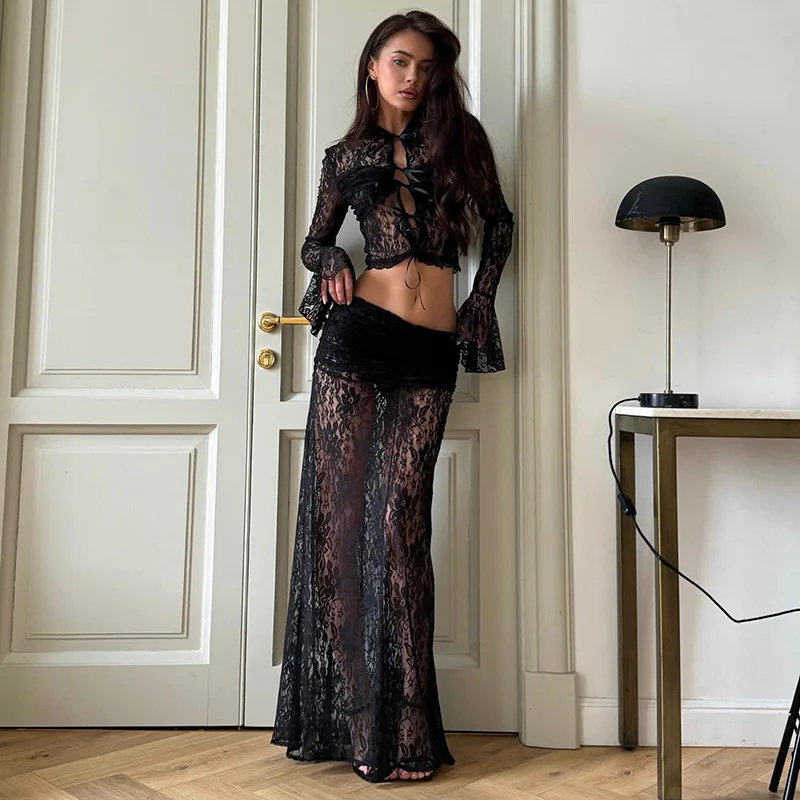 2 Piece Set Bell Sleeve Lace Up Hollow Out Top Skinny Folds Long Dress Beach Partywear Cover Up