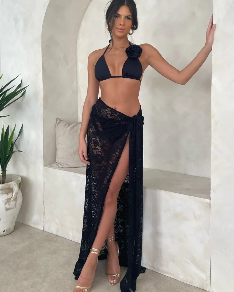 3 Pieces Bikini Flower Beachwear Swimming Suit Bathing Suit With Skirt