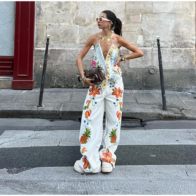 Beach Print Tank Top Pants Sets Fashion Halter Backless Sleeveless Vest Wide Leg Zipper Pants 2 Pieces Set