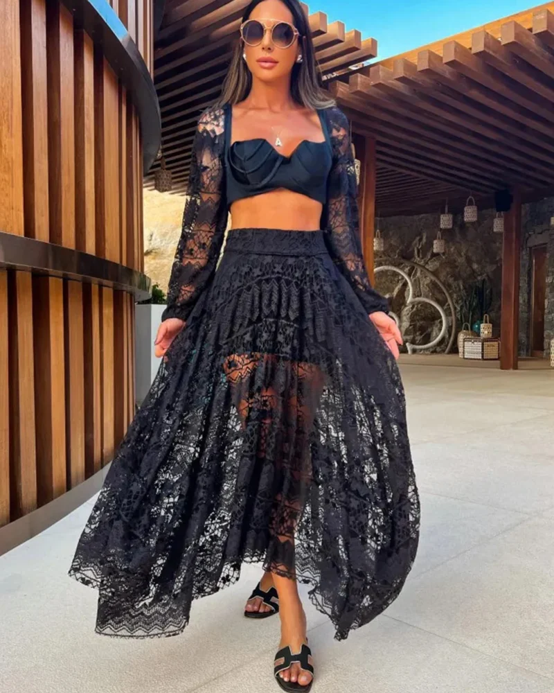 Classic Solid Color Lace Two-Piece Versatile Long Sleeve Crop Top and Sheer Skirt