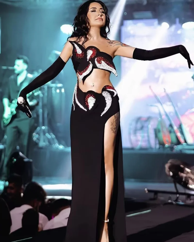 Diamond Set Tank Top With High Spilt Skirt And Gloves Party Cocktail Set