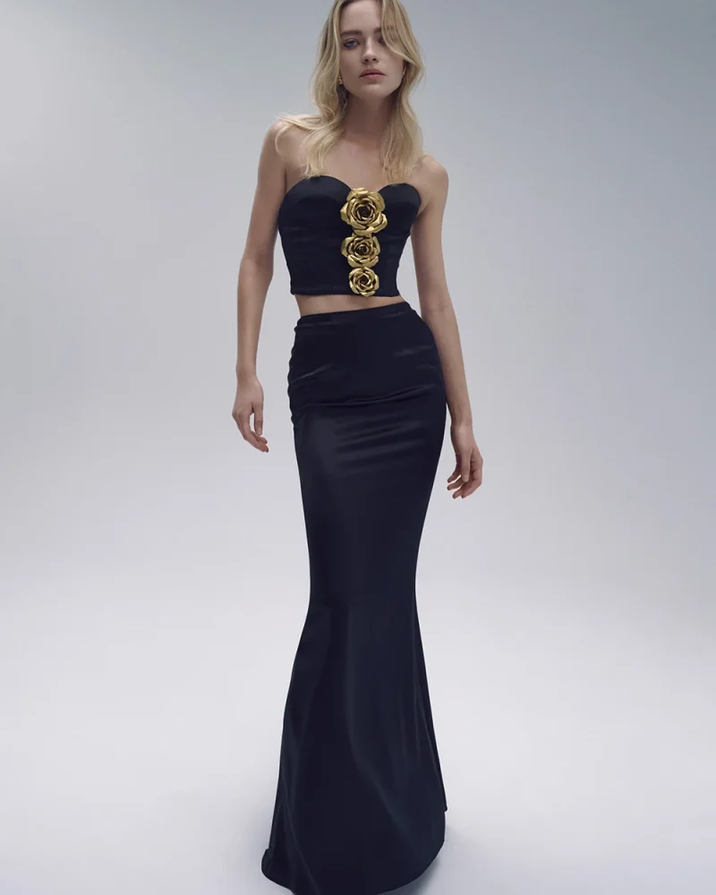 Elegant Blossom Adorned Crop Top and High-Waist Pencil Skirt Ensemble