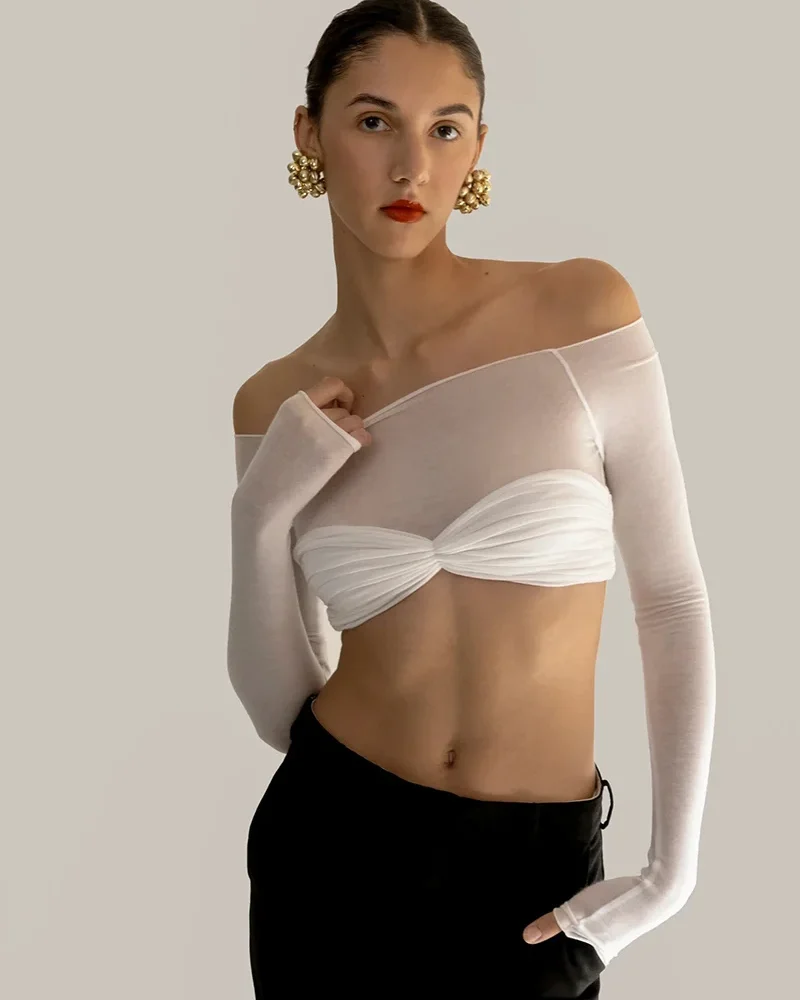 Elegant Cropped Tops See Through Tee Shirt Off-shoulder slash neck T-shirt
