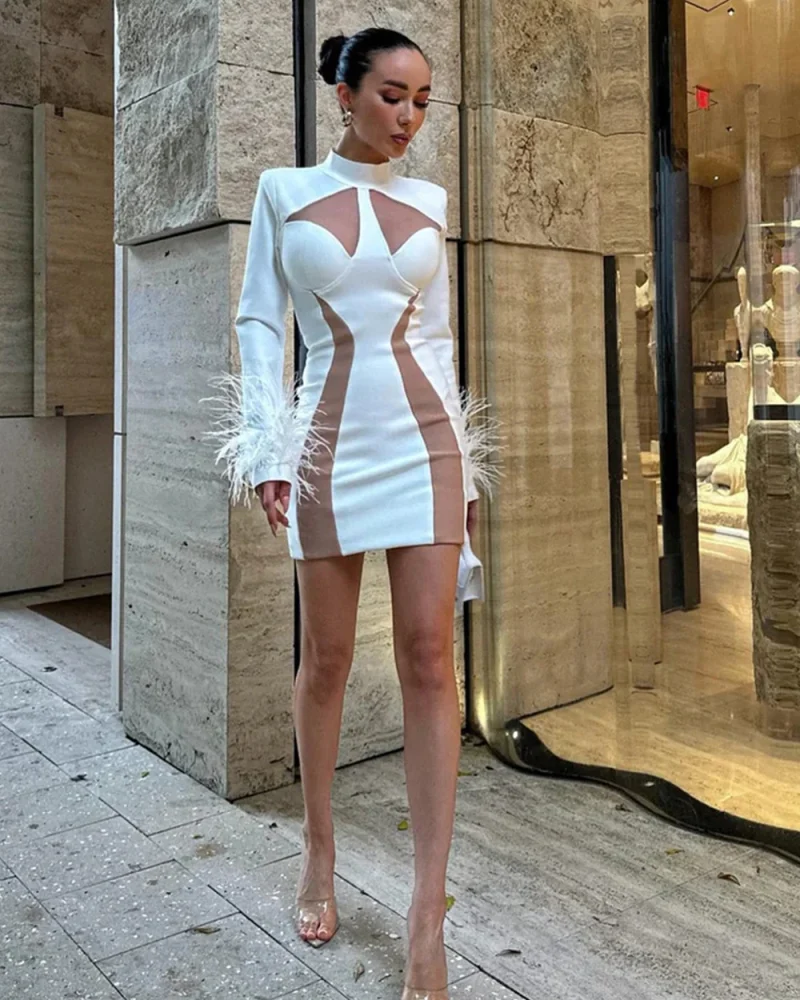 Elegant Plaid Patchwork Mini Dress with Feather Adornments and Long Sleeves