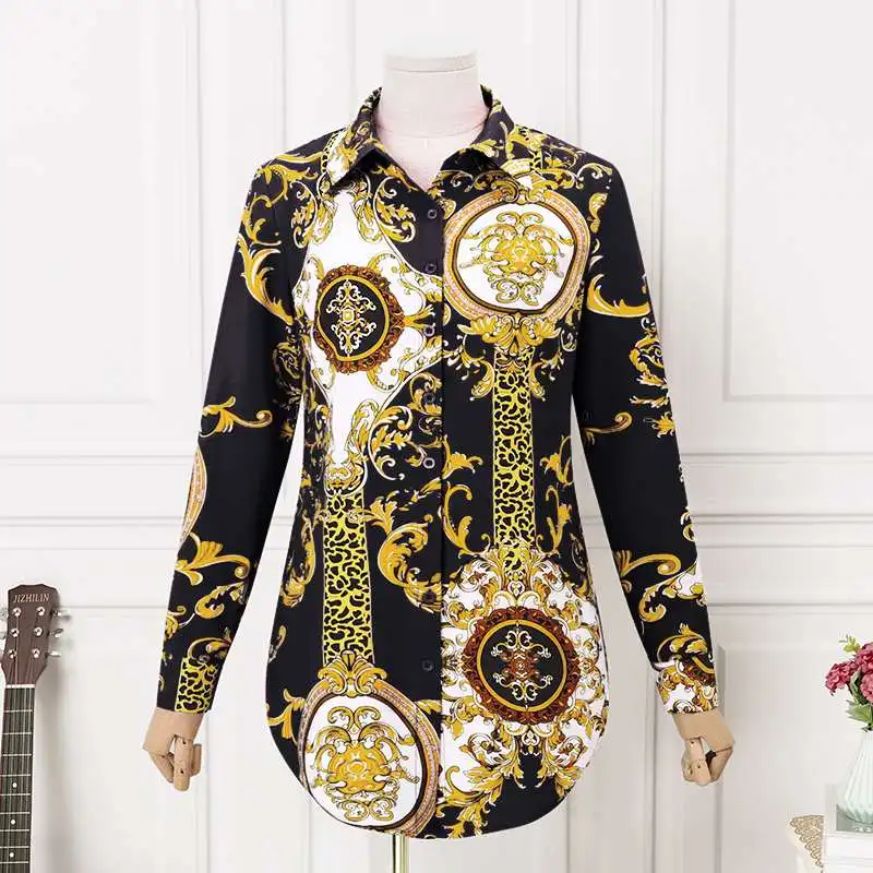 Elegant Shirts Fashion Long Sleeve Asymmetrical Printed Tops Blouses Casual Loose Buttons Blusas Femme