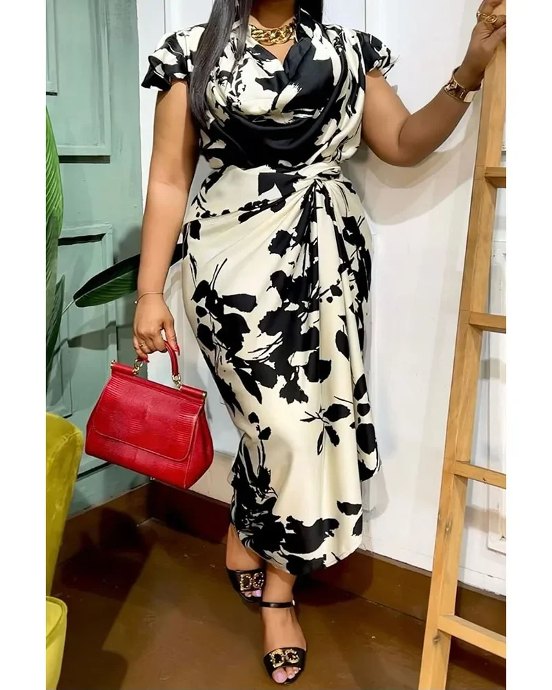 Elegant fashion Daily Print V Neck Fold Midi Dresses outdoor and party dress