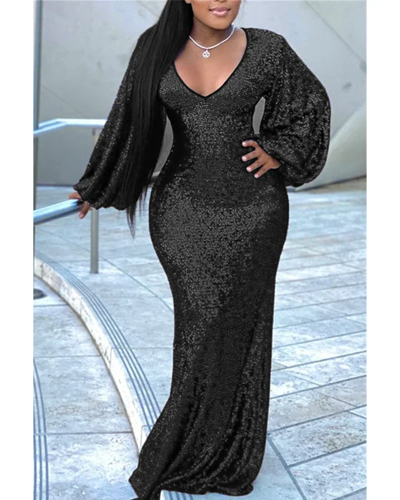 Elegant fashionable V Neck Sequin Puff Sleeve Maxi Dress