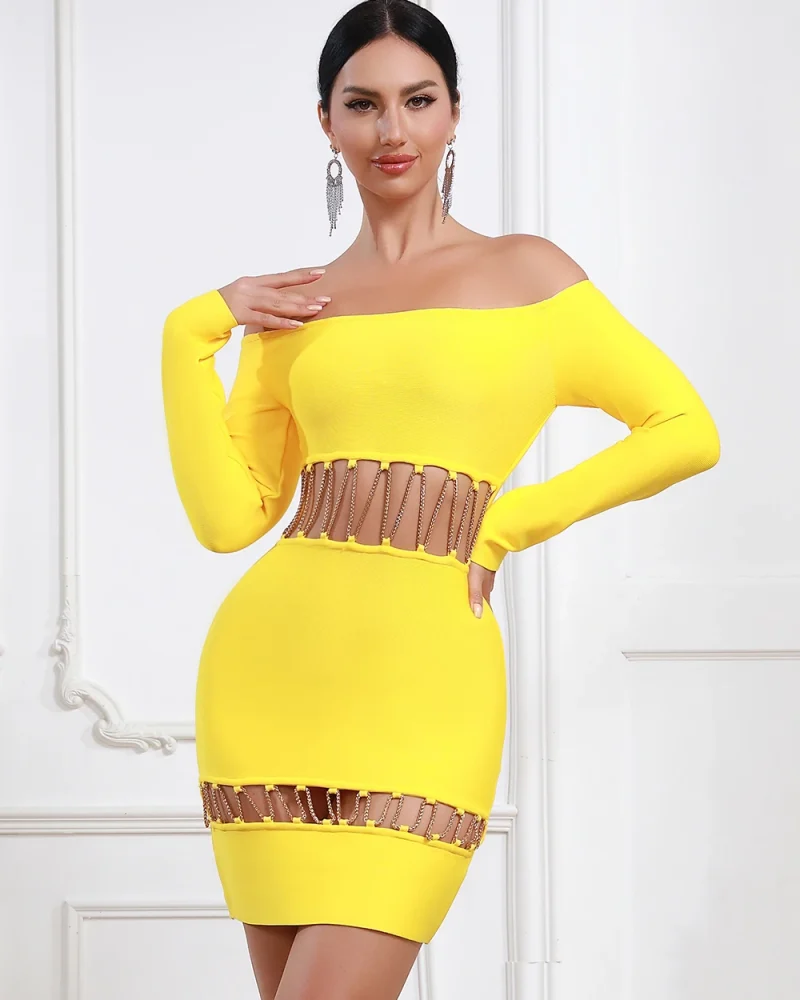 Exquisite Yellow Party Dress Off-Shoulder Long Sleeve Design for Refined Style
