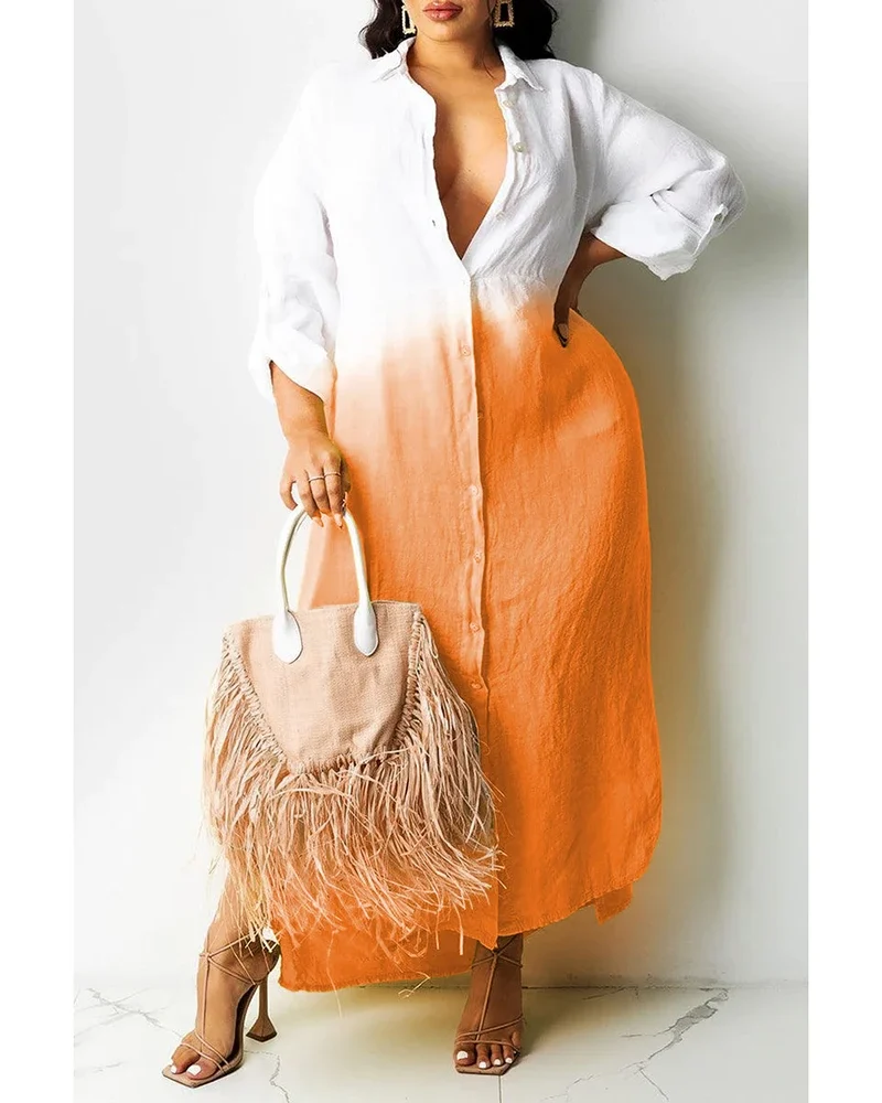 Fashion Casual Gradient Turnover Collar Split Long Sleeves Midi Dresses