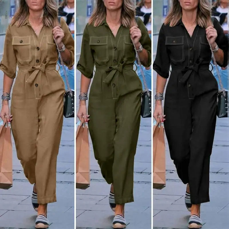 Fashion Lapel Neck Rompers Summer Casual Solid Long Playsuits Elegant Cargo Overalls OL Work Jumpsuits