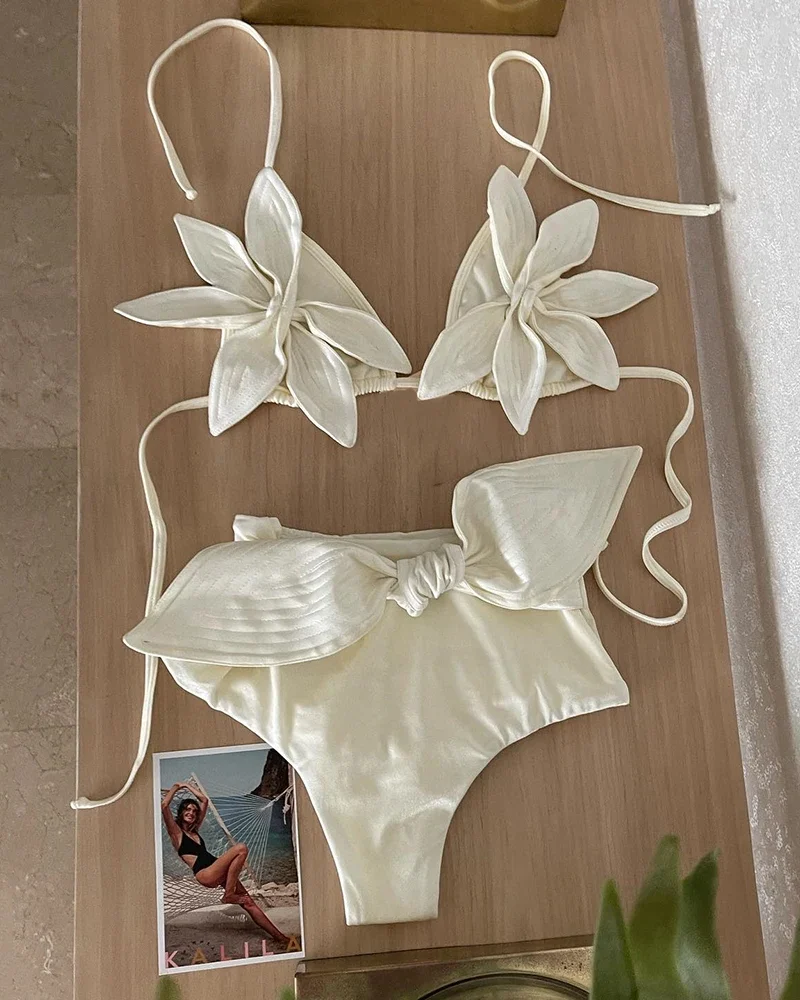 Floral Lace Bikinis Swimsuit V-neck High-waisted Two Piece Bathing Suit Beachwear