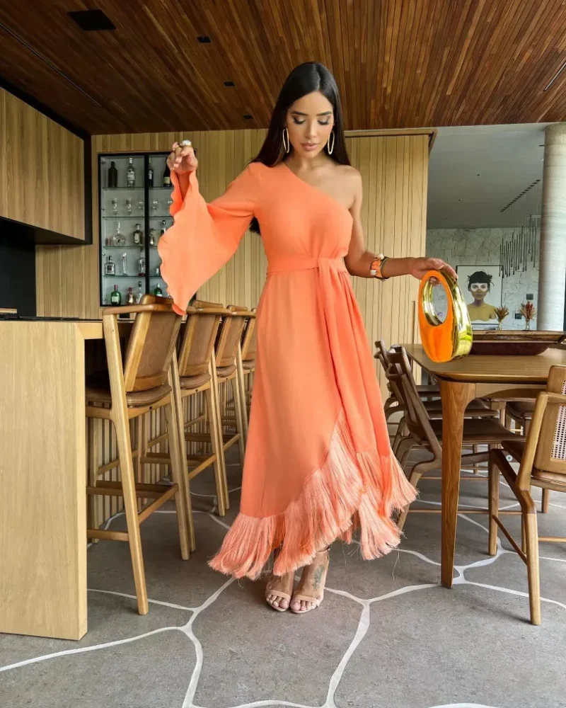 Glamorous One-Sleeve Ruffled Tassel Evening Dress for Sophisticated Women