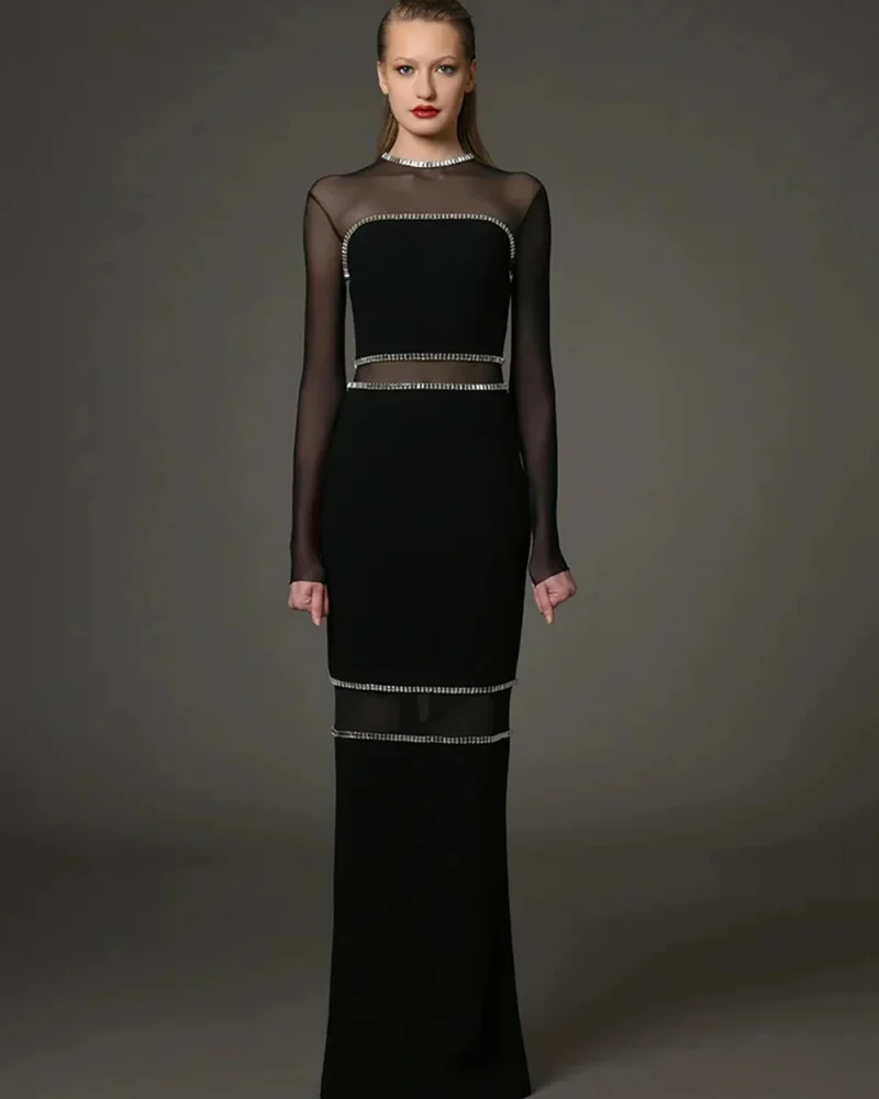 Glamorous Sheath Dress With Diamond Mesh Illusion  Floor-Length O-Neck Party Gown