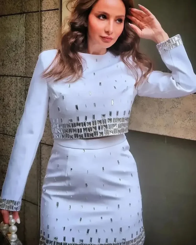 Heavy Industry Bead With Diamonds Long Sleeved Top Skirt Two Pieces Set