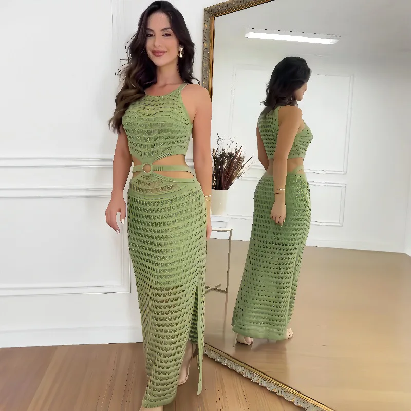 Hollow Out Knit Maxi Dress High Waist Cut Out Mesh Sheer Elegant Sleeveless Hem silt Beach Party Dress