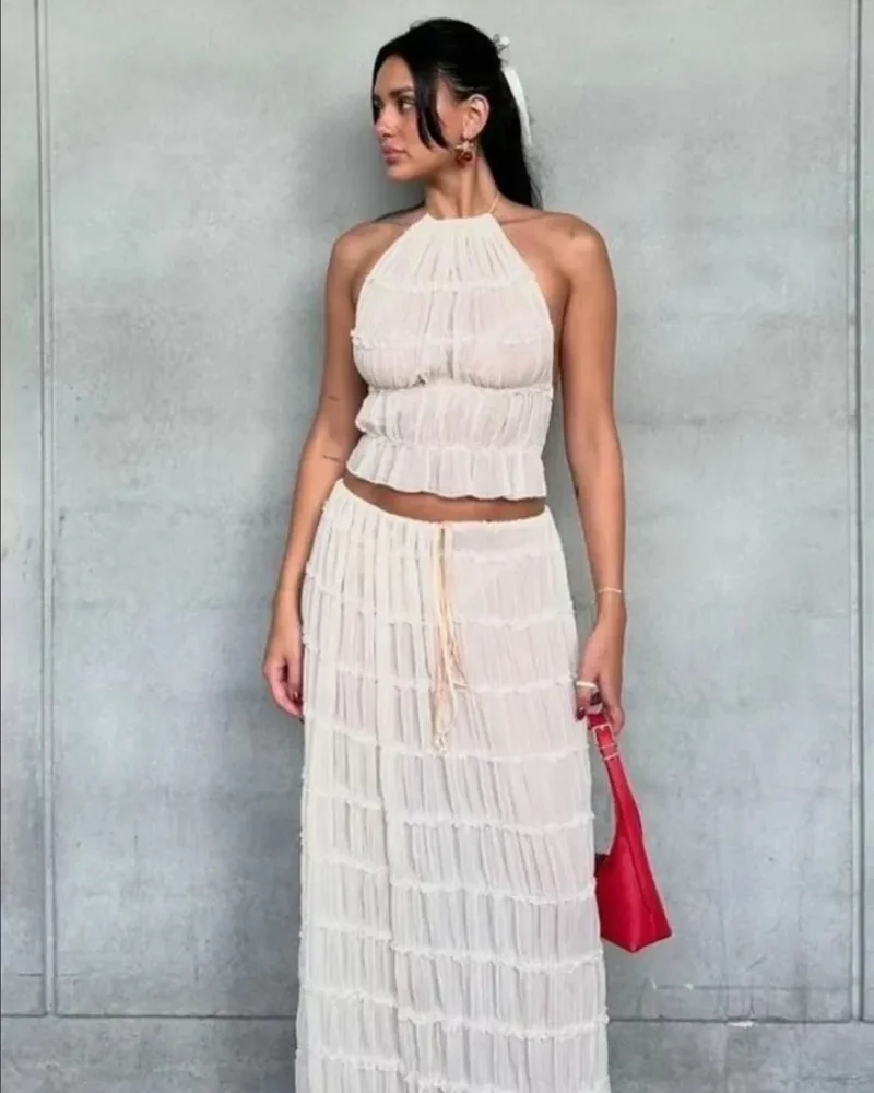 Lace Pleated Skirt Two Piece Set Beach Holiday Skirt  Femme Elegant Club Party Sets