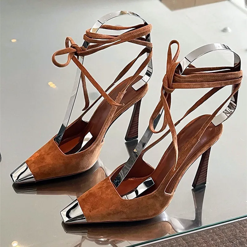 Metal Design Pointed Toe Pumps Retro Cross Straps Suede High Heels