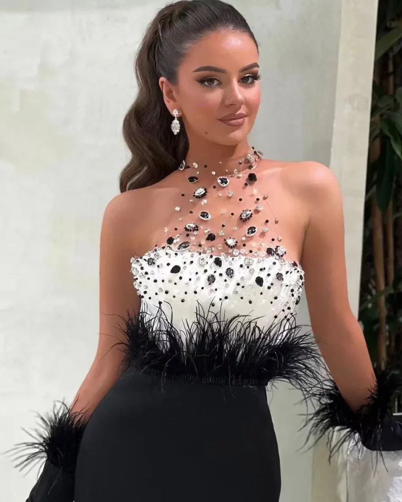 O-Neck Mesh Spliced Diamond Feather Evening Midi Dress